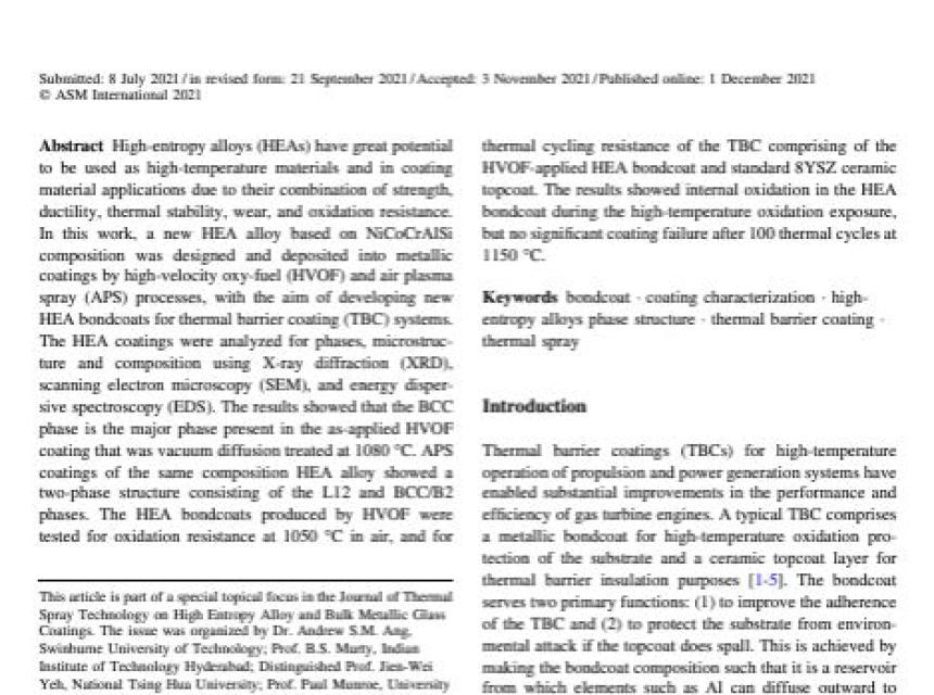 technical paper on thermal spray by Dr. Ma, Peter Ruggiero, Rabi Bhattacharya, Oleg Senkov, A.K. Rai